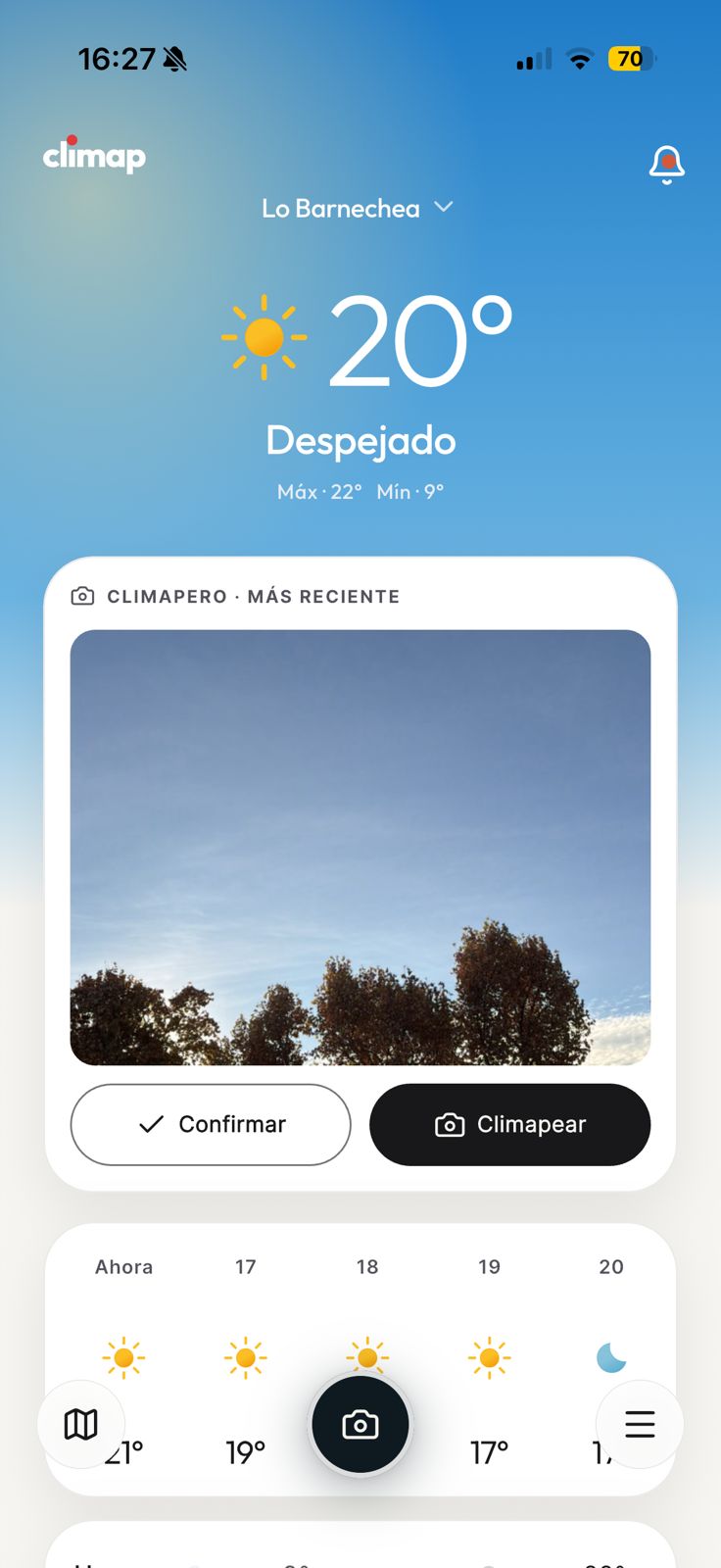 Pantalla de inicio de Climap: 20° despejado en Lo Barnechea con la foto más reciente del climapero